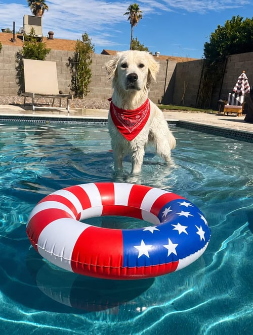 Blue Haven mascot Jeter enjoying 4th of July in a pool