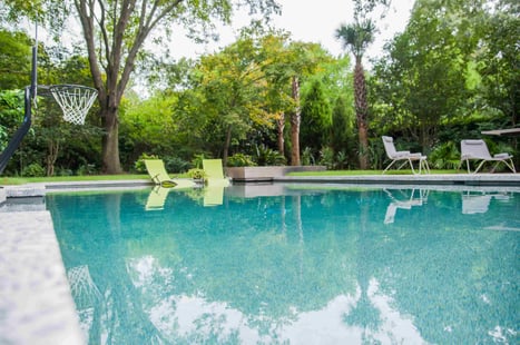 Blue Haven gunite pool with basketball hoop and in-water lounge chairs