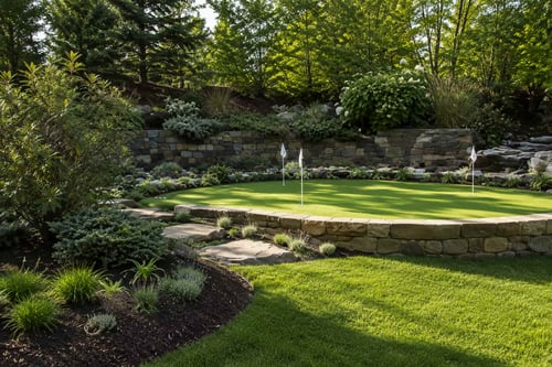 Custom backyard putting green with three flags, bordered by a natural stacked stone retaining wall and landscaped plantings.