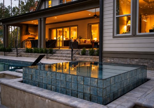Heated backyard spa glowing at dusk next to a swimming pool and lit home