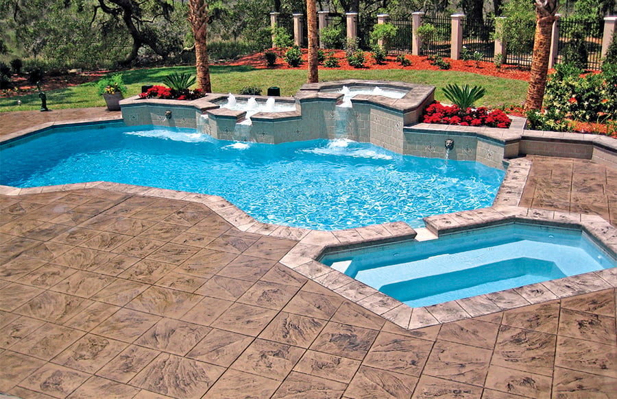 Base Color Concrete Pool Deck With Stamped Overlay