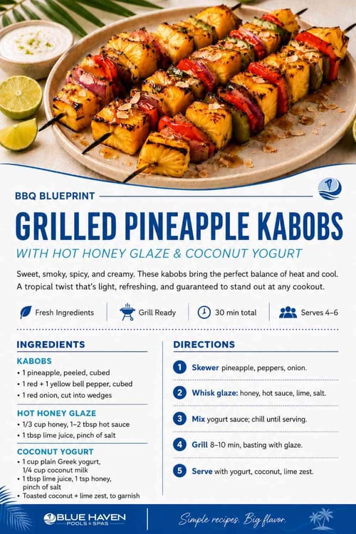 Blue Haven BBQ Blueprint recipe card for grilled pineapple kabobs with hot honey glaze and coconut yogurt