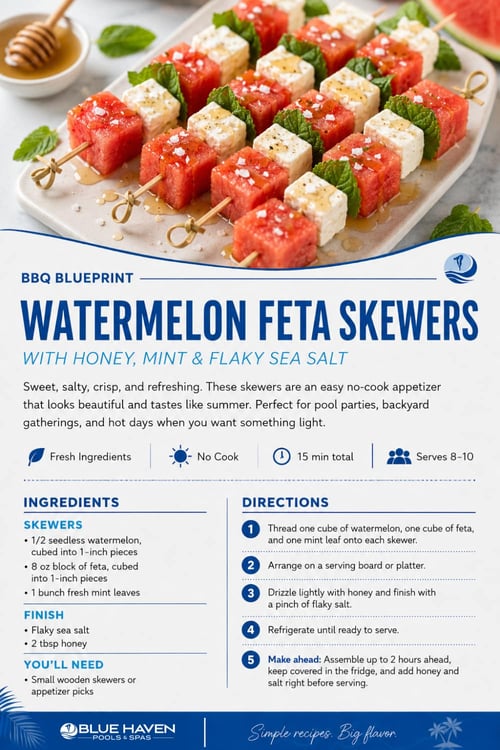 Blue Haven BBQ Blueprint recipe card for watermelon feta skewers with honey, mint, and flaky sea salt