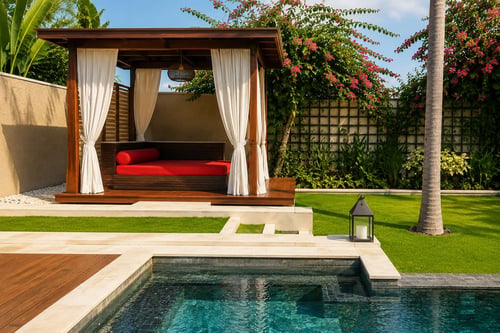 White fabric pool cabana with daybed and lounge chairs facing a swimming pool