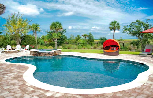Freeform gunite pool with attached spa, paver decking, and tropical landscaping in a residential backyard