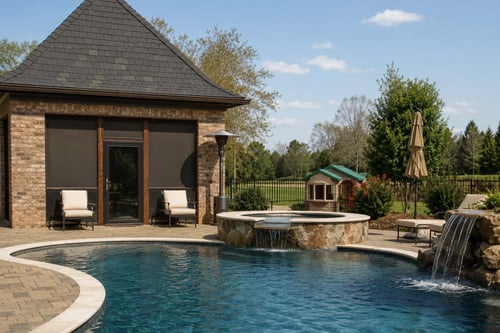 Blue Haven freeform swimming pool with raised stone spa spillover and natural rock waterfall, alongside a brick poolhouse with retractable screens.