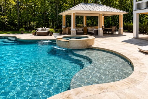 Backyard poolside pavilion with cushioned seating and stone columns