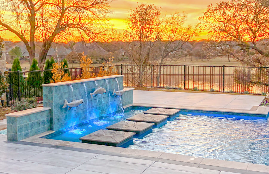 rectangle pool with rock waterfall