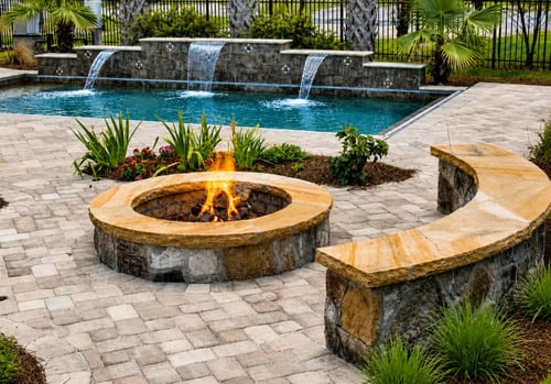 Round fire pit with matching curved stone sitting wall beside pool with waterfalls