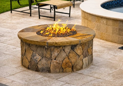 Round natural gas fire pit with stacked stone base and flat stone cap on travertine patio