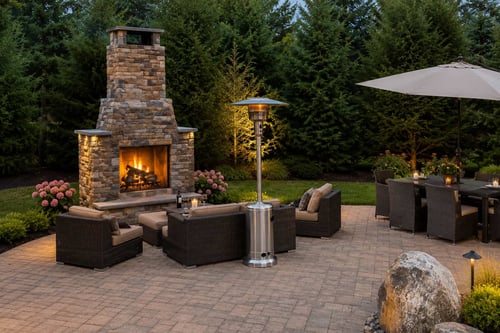 A paver patio at dusk featuring a stacked-stone outdoor fireplace, wicker lounge seating, patio heater, and dining area under an umbrella.