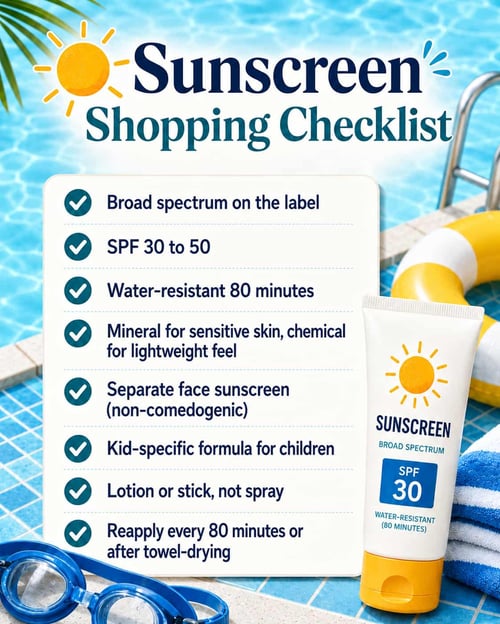 Sunscreen shopping checklist for pool days: 8 rules including broad spectrum, SPF 30 to 50, and water-resistant 80 minutes
